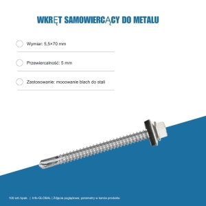 Wkręt samowiercący do metalu 5,5x70 mm, przewiercalność 5 mm, EPDM, 100 szt. – kolor do wyboru
